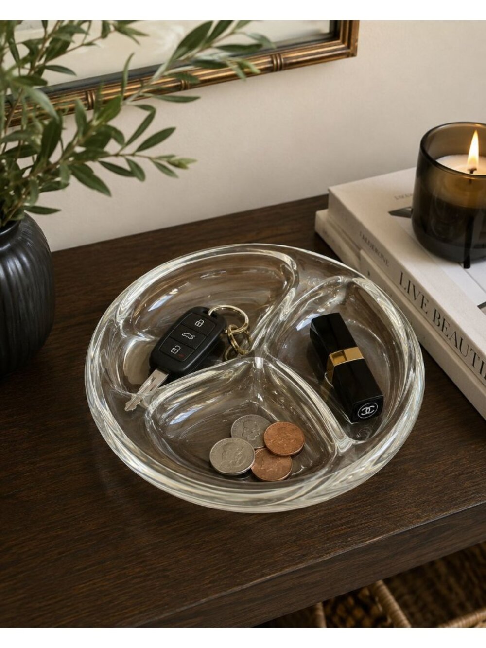 Toscany Hand-Blown Clear Crystal Three-Section Dish Modernist Peace-Sign Divider